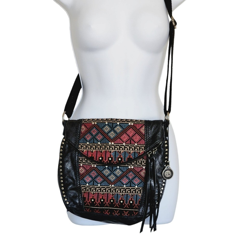 The Sak Crossbody Bag Embroidered Leather Messenger bag Black Boho Tribal Purse